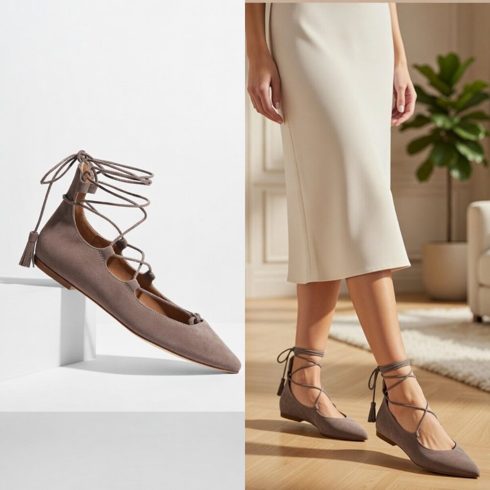 BCBGeneration Lace Up Pointed Toe Suede Flats Taupe 8.5M Boho Chic Ballet